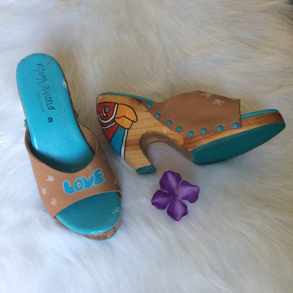Paloma Barcelo | Shoes | Vintage Hand Painted Parrot Wood Leather Heels ...